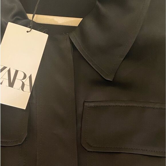 Zara - Oversized Satin Blouse Short Sleeve Shirt Cropped Drawstring - size XS-S - Picture 7 of 11